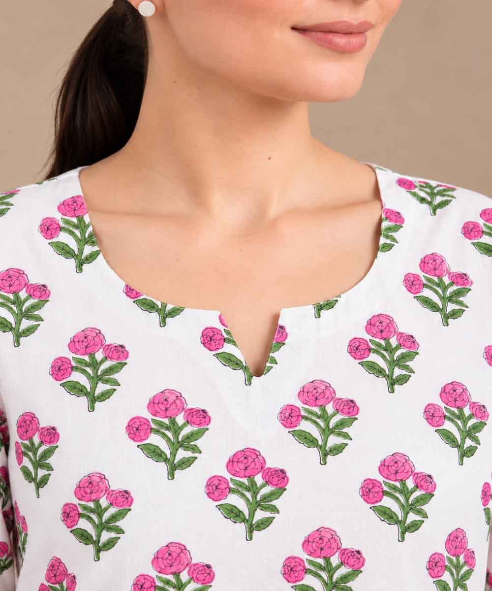 Pink white hand block printed pure cotton kurti