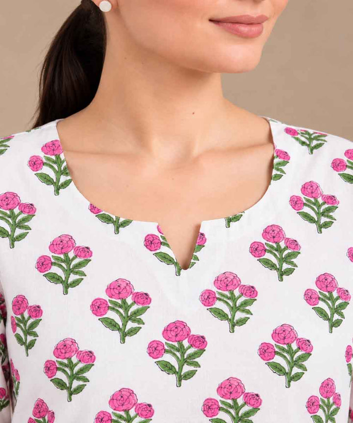 Pink white hand block printed pure cotton kurti