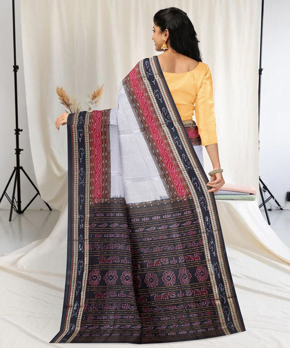 White red marron cotton handwoven sambalpuri saree