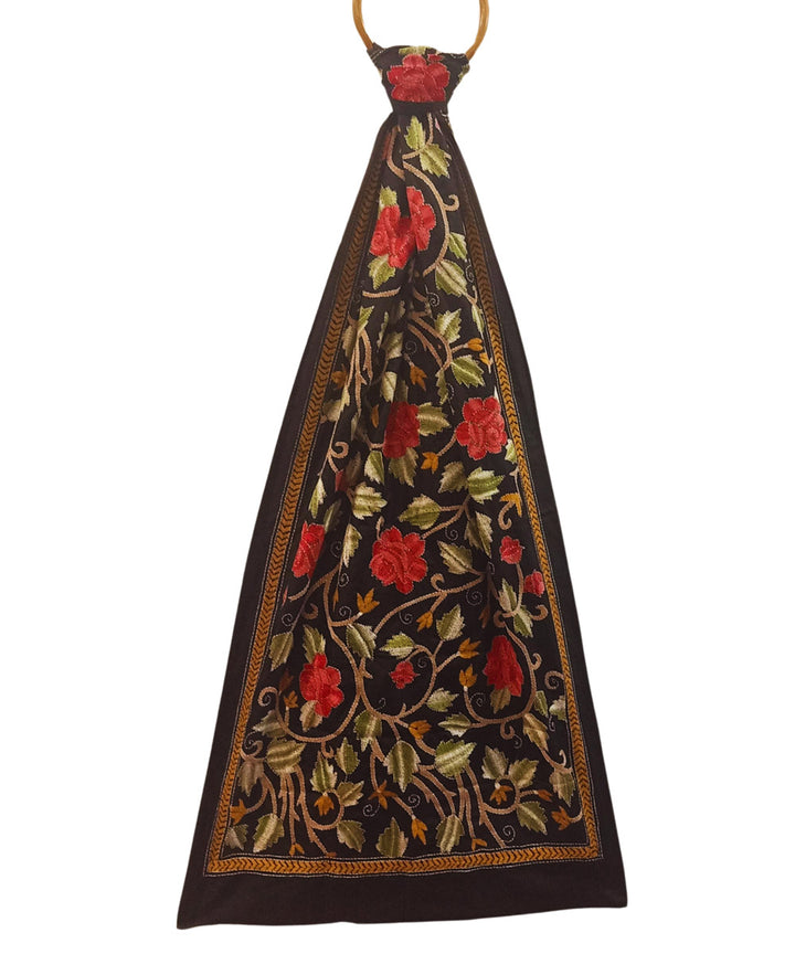 Black multicolor thread handwoven silk kantha stitch stole