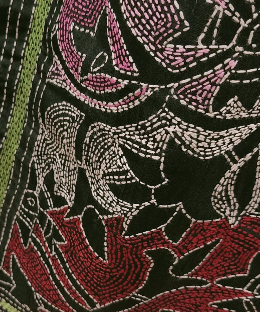 Black hand embroidered kantha stitch silk stole