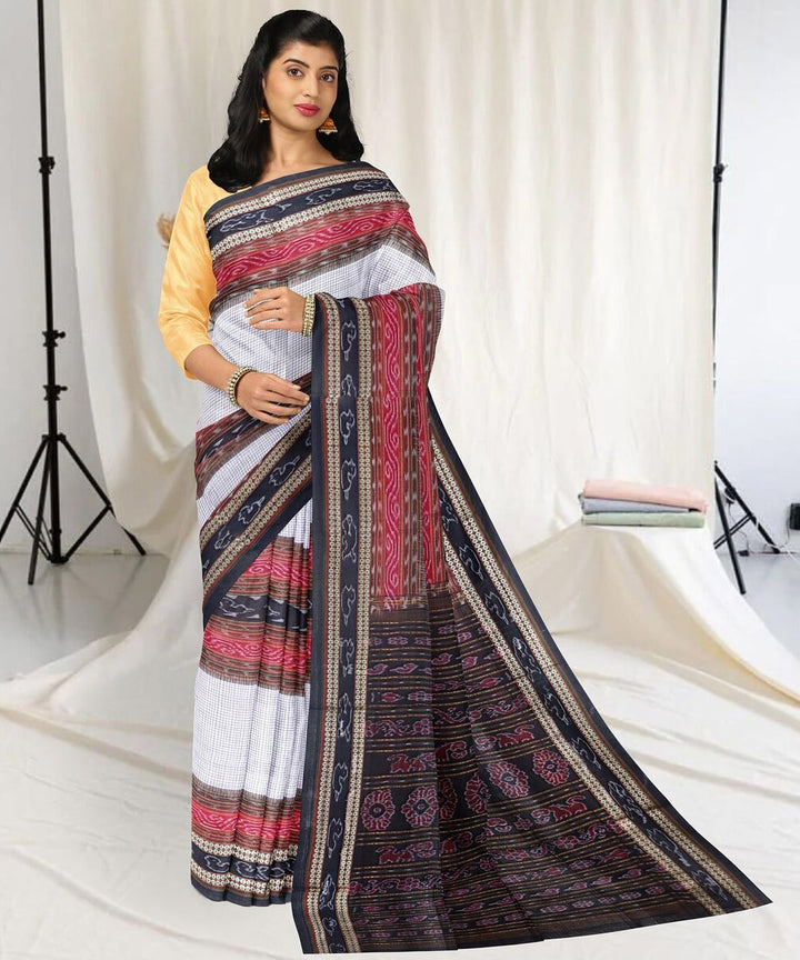 White red marron cotton handwoven sambalpuri saree