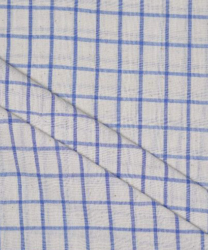 Cyan blue checks on cream handwoven kala cotton fabric