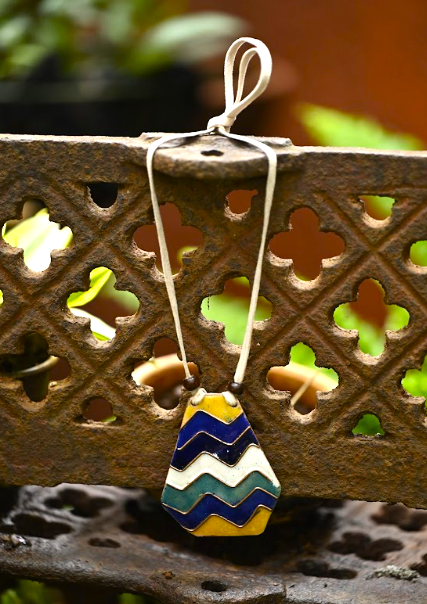 Multicolour copper enamel pendant with faux leather string wooden bead