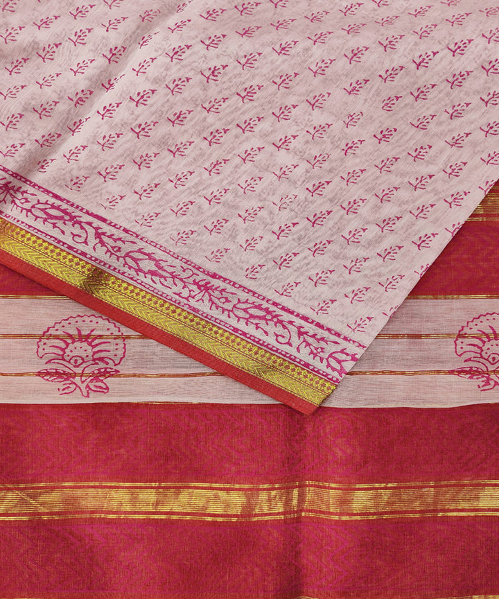 Light pink hand block printed maheshwari cotton silk saree