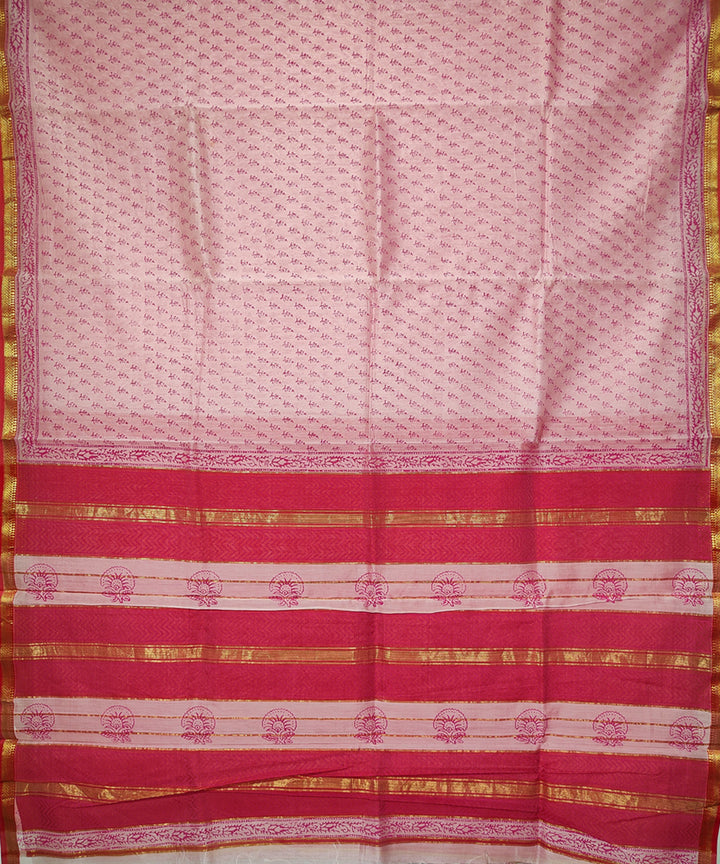 Light pink hand block printed maheshwari cotton silk saree