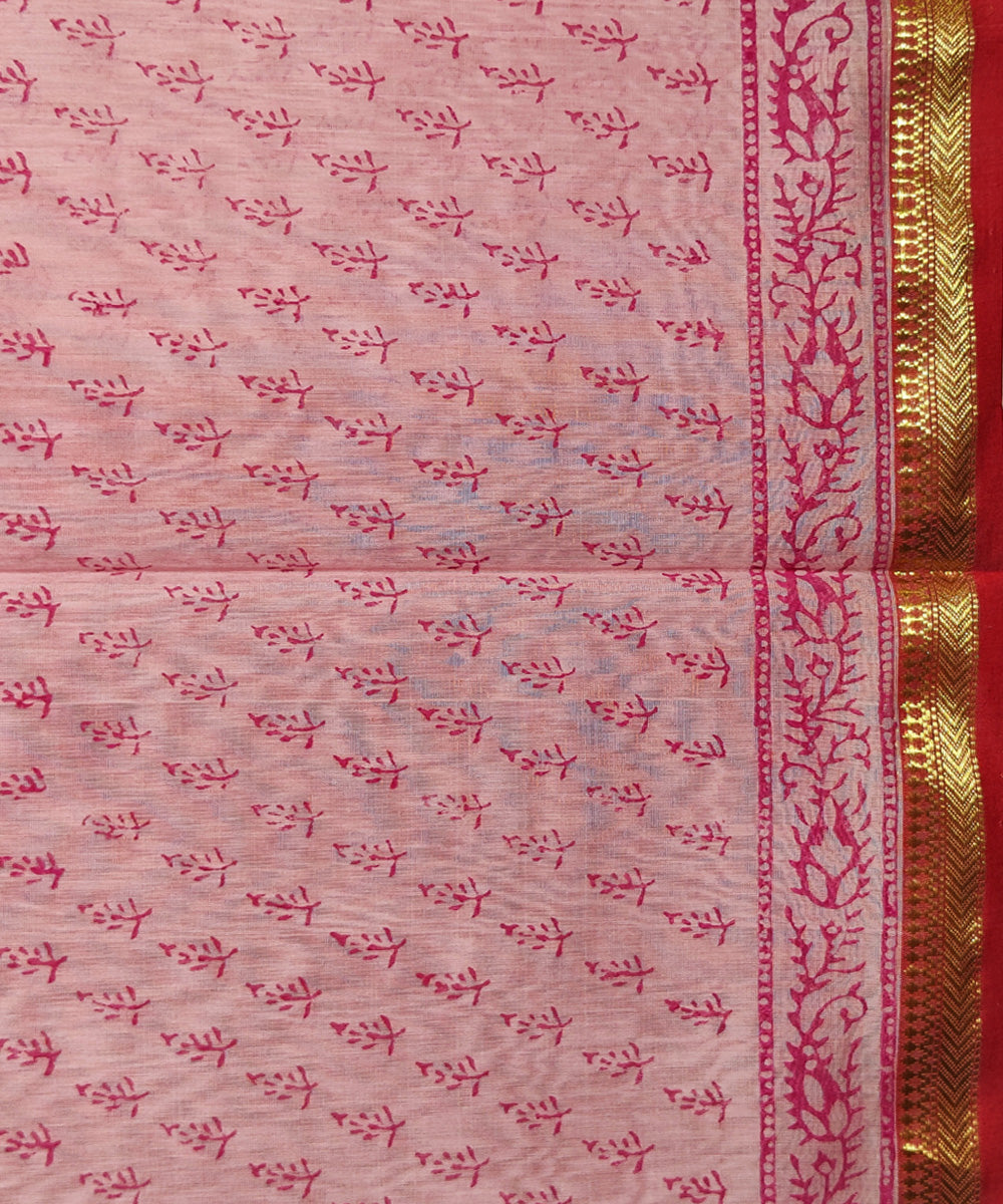 Light pink hand block printed maheshwari cotton silk saree