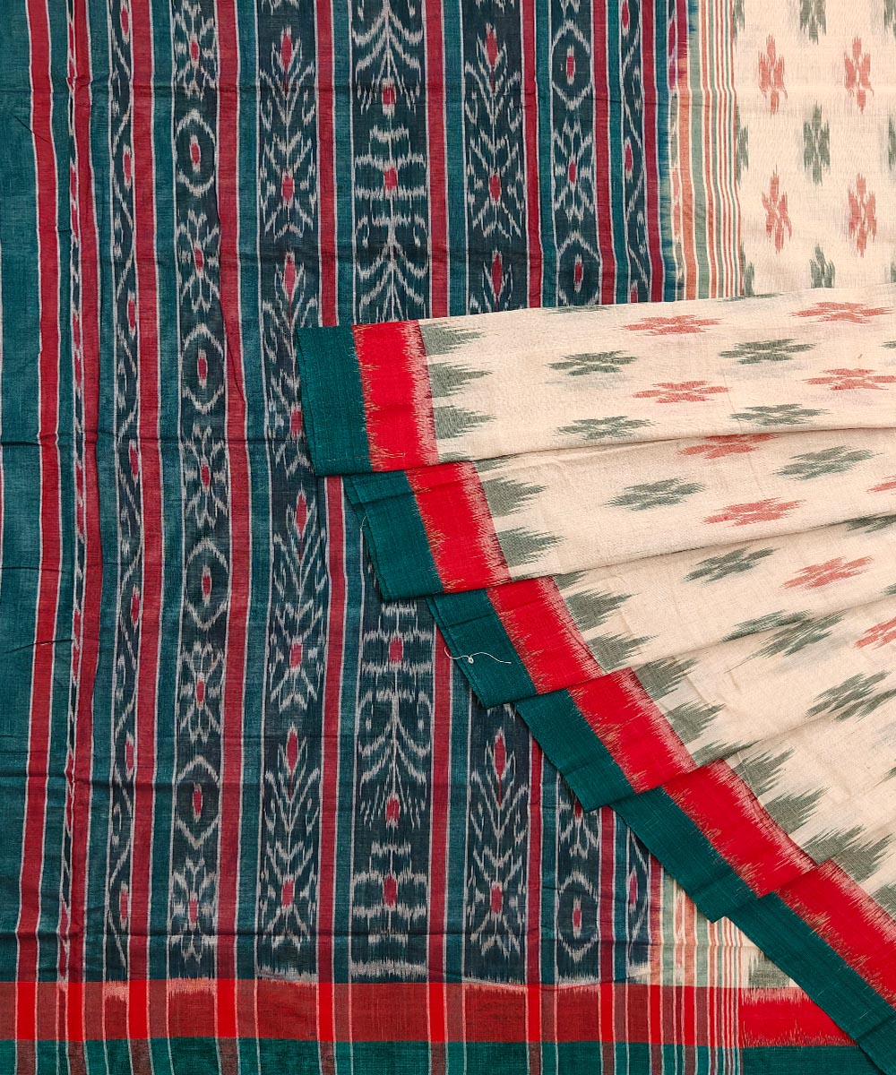 White red Cotton Handwoven Nuapatna Saree