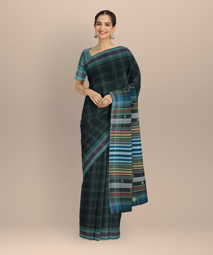 Dark green checked kala cotton handloom bhujodi saree