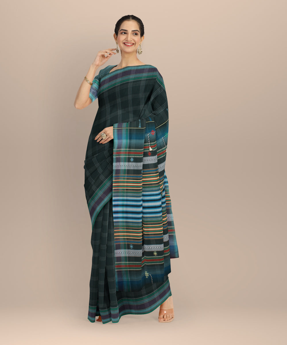 Dark green checked kala cotton handloom bhujodi saree