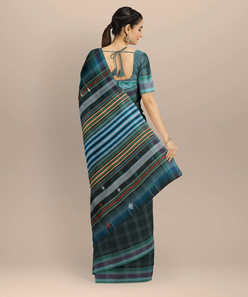 Dark green checked kala cotton handloom bhujodi saree