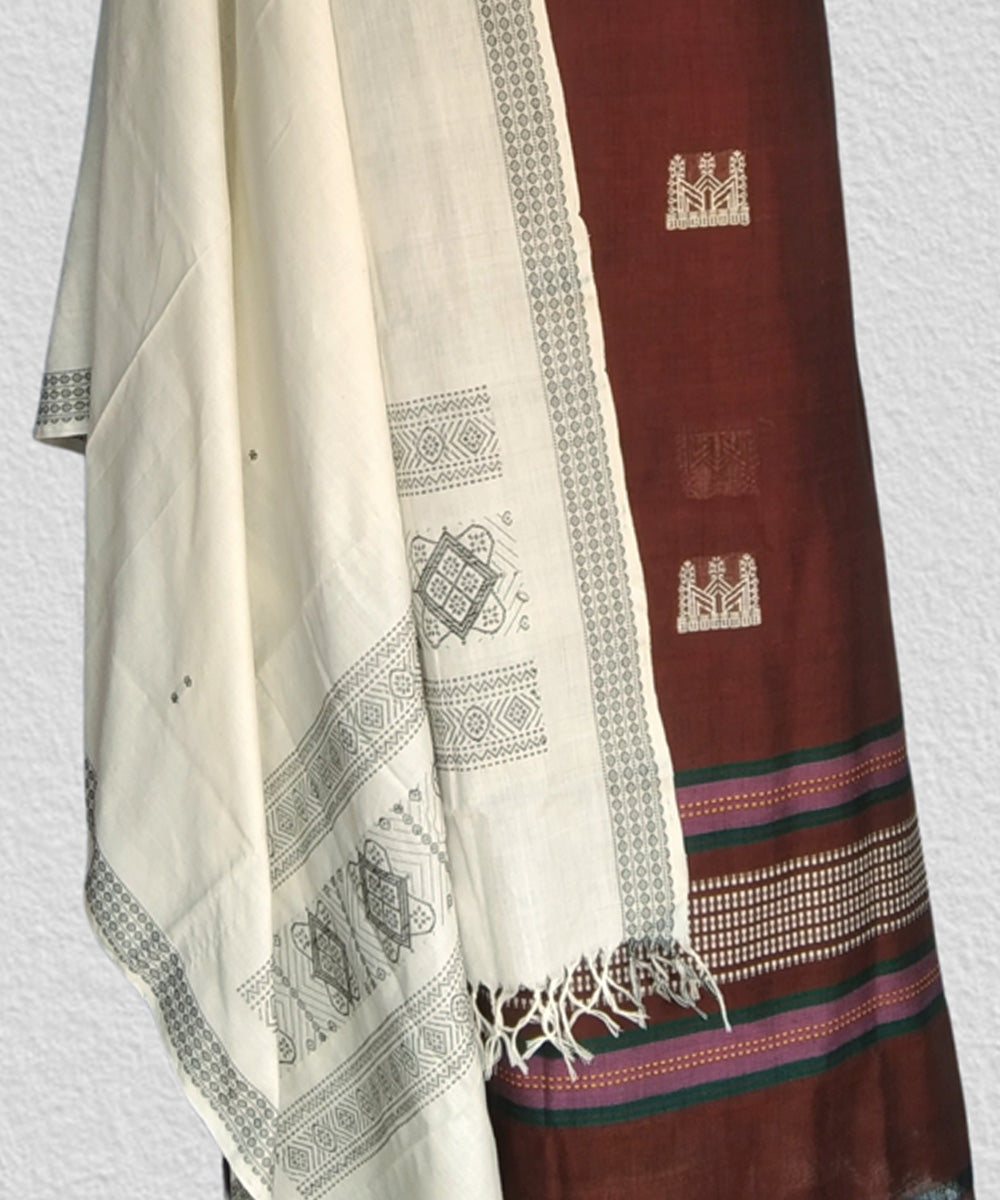 Brown white handwoven cotton bomkai dress material