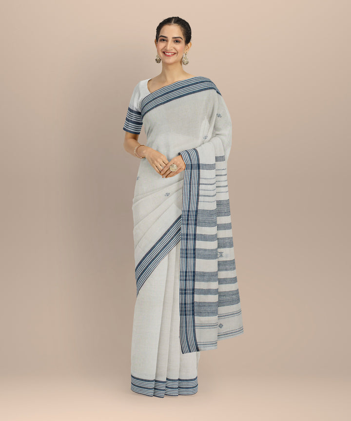 Off white blue fine cotton handloom bhujodi saree