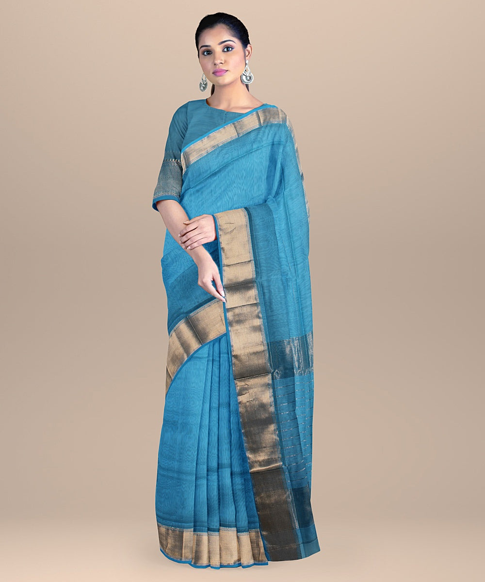 Sea green handloom cotton silk maheshwari saree