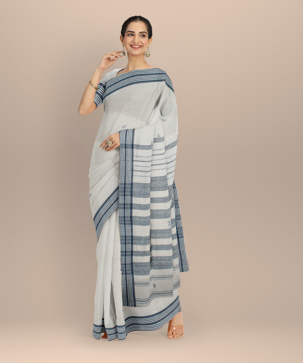 Off white blue fine cotton handloom bhujodi saree