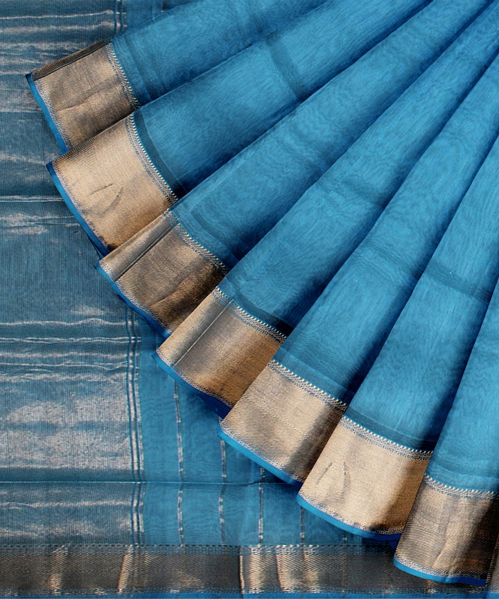 Sea blue handloom cotton silk maheshwari saree