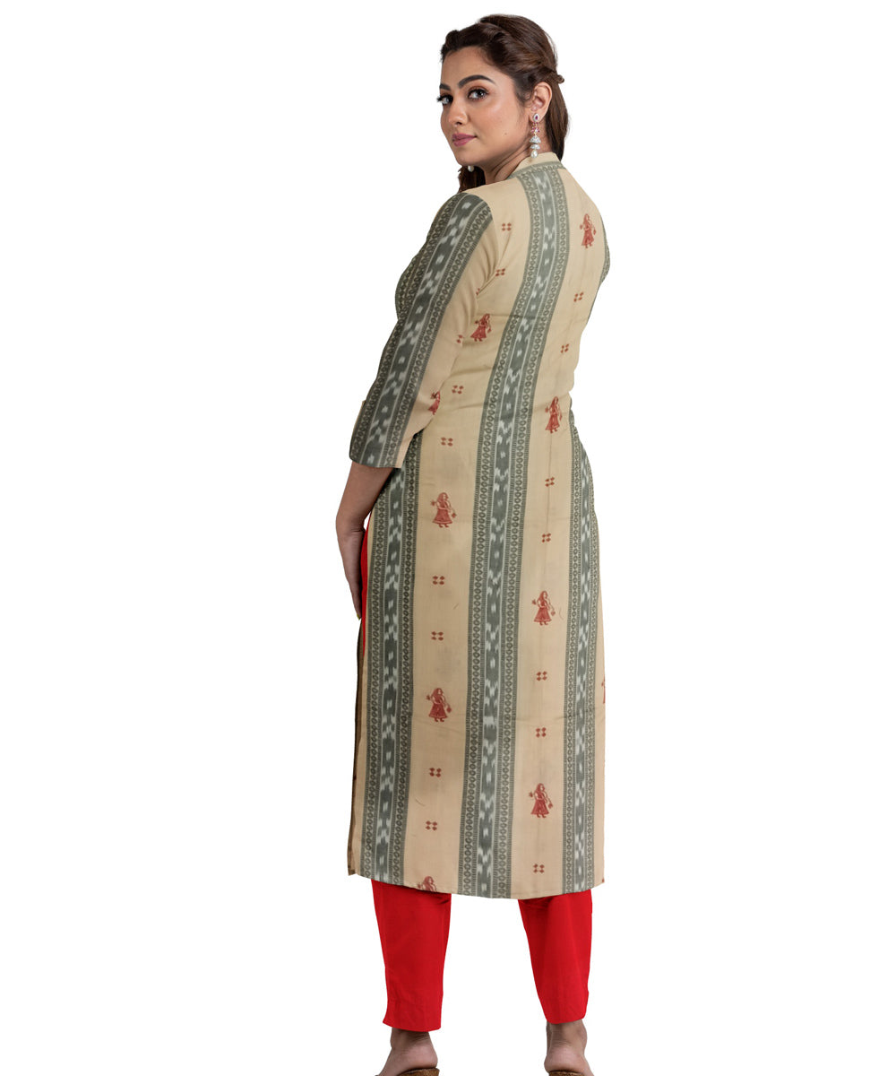 Beige red handwoven cotton dress material