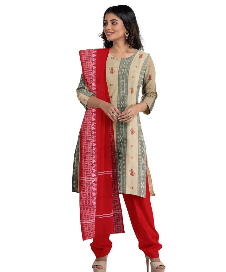 Beige red handwoven cotton dress material