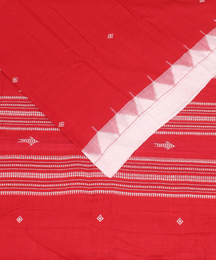 Brick red white cotton handwoven kotpad saree