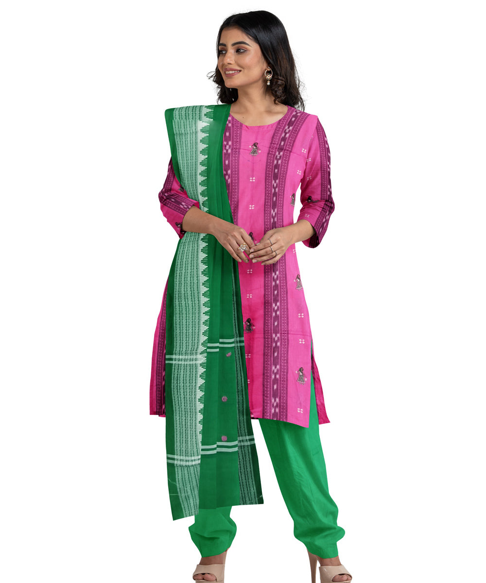 Pink green handwoven cotton dress material