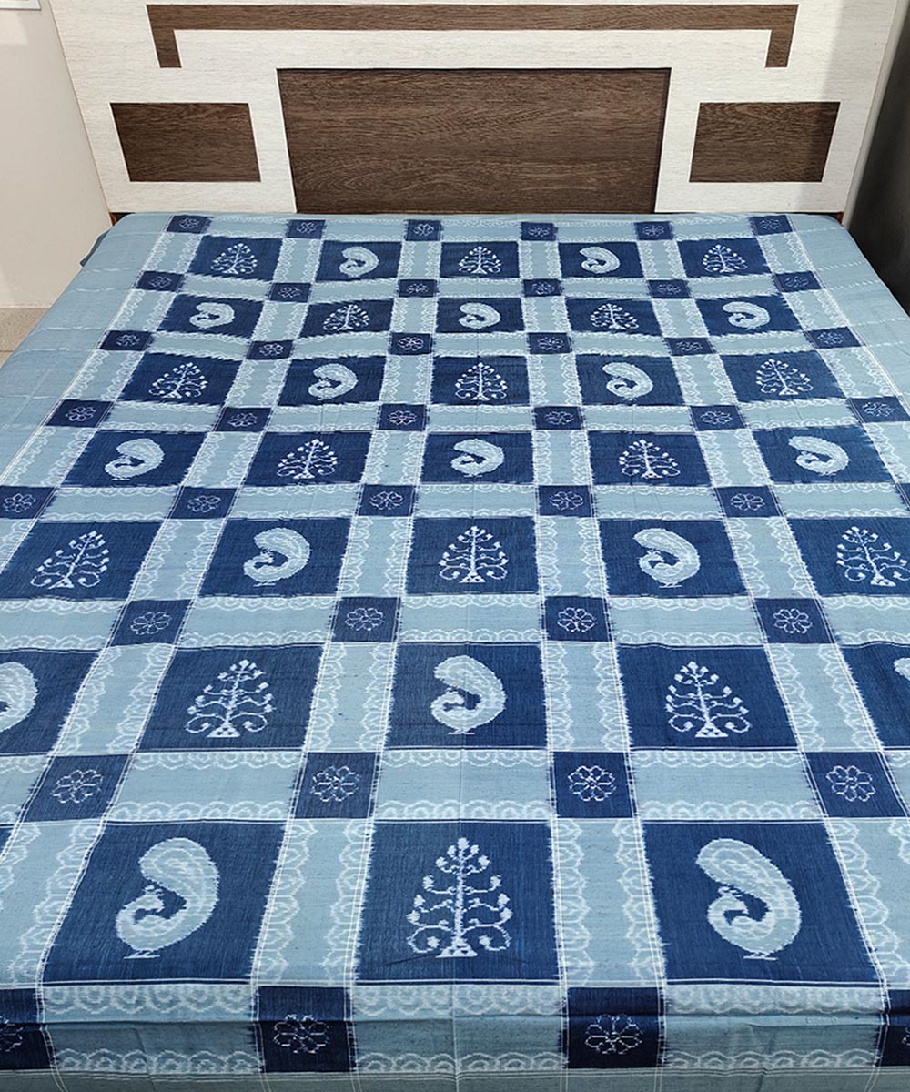 Navy blue grey cotton handwoven sambalpuri double bedsheet