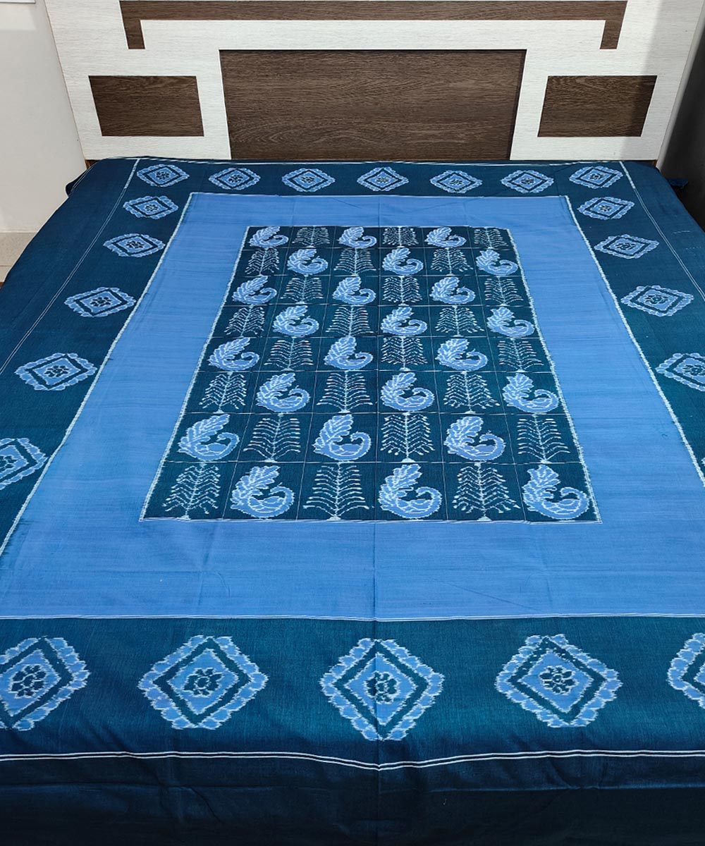 Cyan blue sky blue handwoven sambalpuri cotton double bedsheet