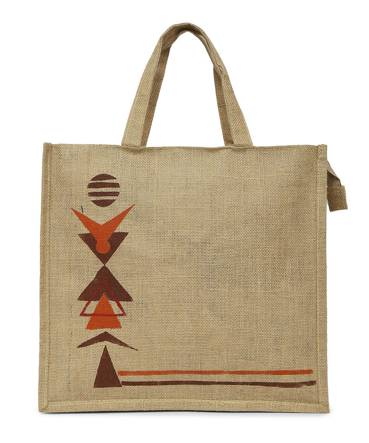 Beige jute hand printed warli bag