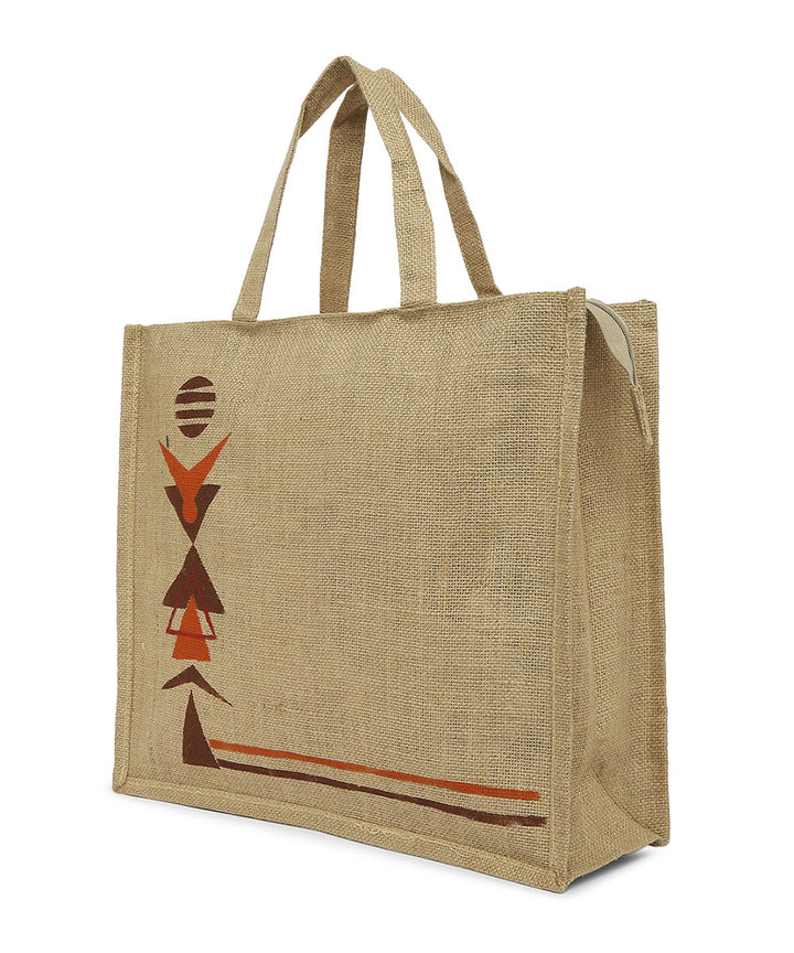 Beige jute hand printed warli bag