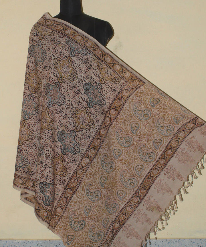 Beige hand block printed kalamkari cotton dupatta