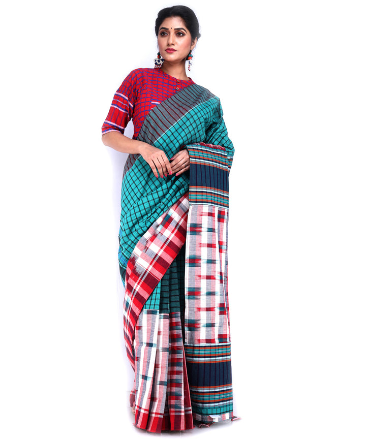 Multicolor sea green red cotton handloom gamcha saree