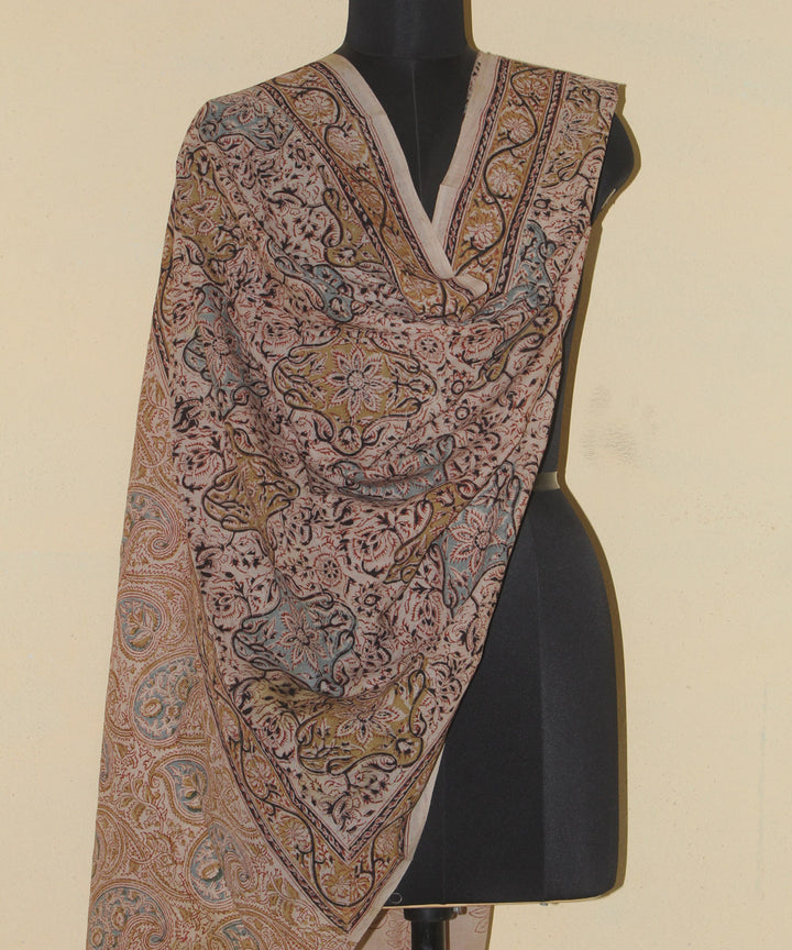 Beige hand block printed kalamkari cotton dupatta