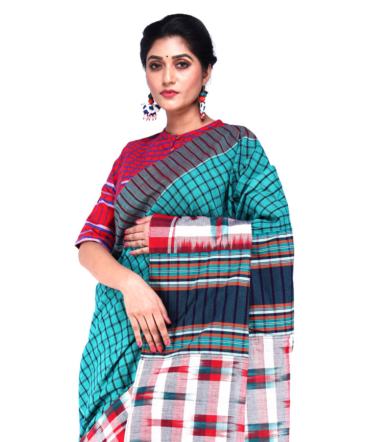 Multicolor sea green red cotton handloom gamcha saree