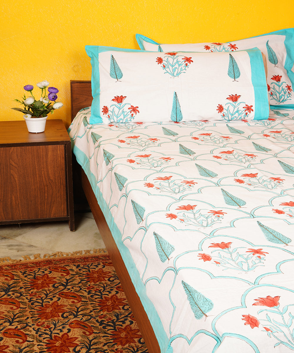 White multicolor cotton hand block printed double bedsheet