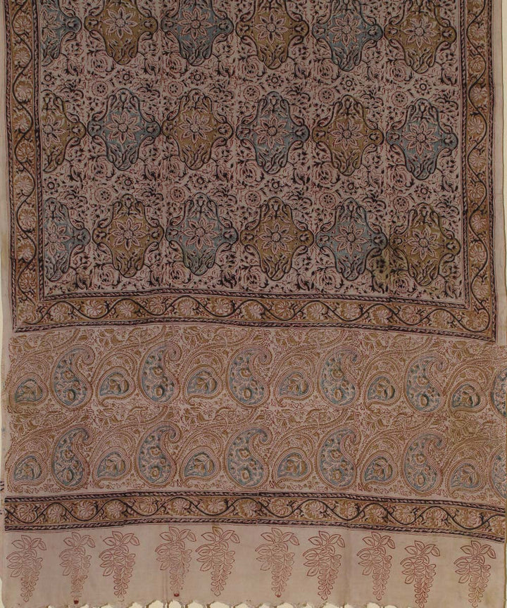 Beige hand block printed kalamkari cotton dupatta