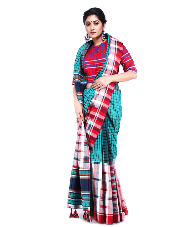 Multicolor sea green red cotton handloom gamcha saree