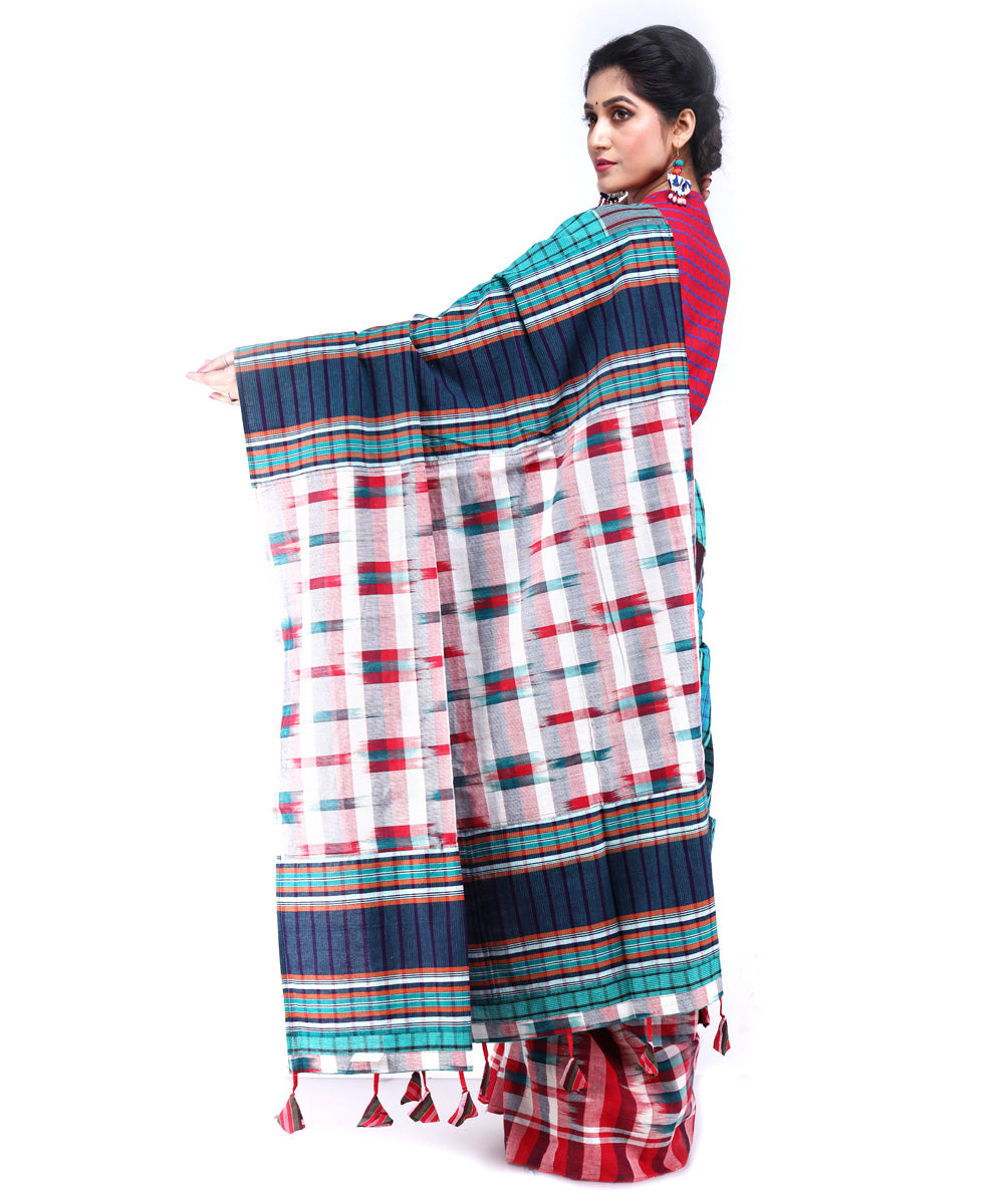 Multicolor sea green red cotton handloom gamcha saree