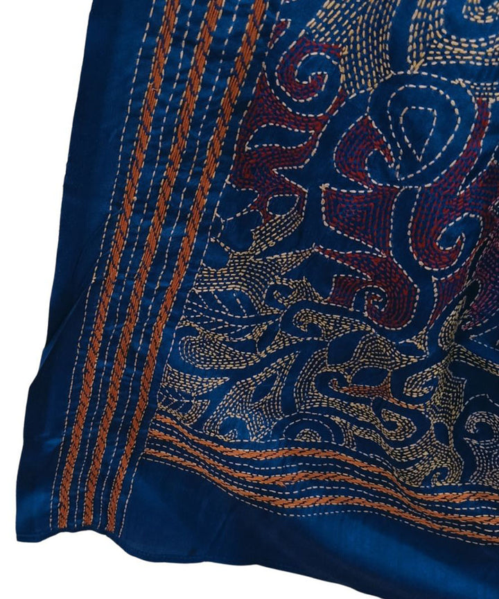 Blue hand embroidered silk kantha stitch stole