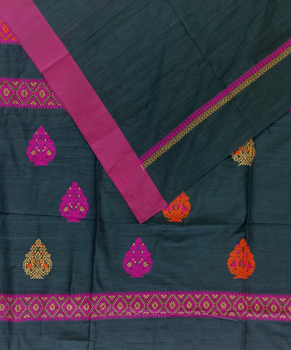 Dark green multicolor cotton handloom bengal saree