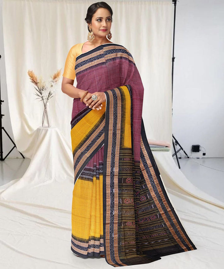 Maroon yellow cotton handwoven sambalpuri saree