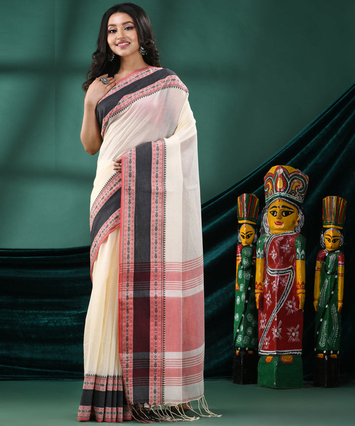 Offwhite black handloom cotton bengal saree