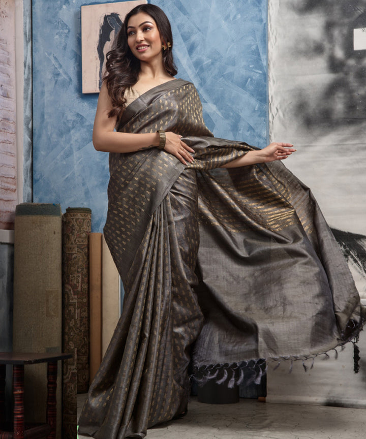 Grey brown handwoven chhatisgarh tussar silk saree