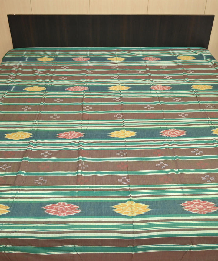 Dark brown green traditional ikat handmade sambalpuri cotton bedsheet