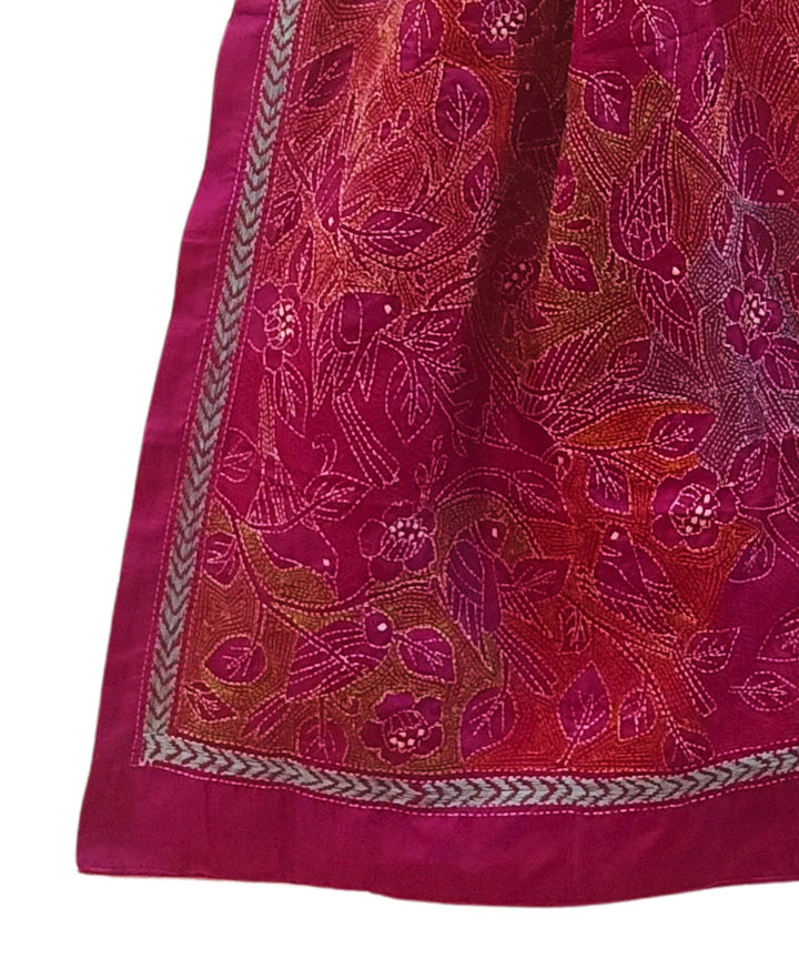 Magenta multicolor thread handwoven silk kantha stitch stole