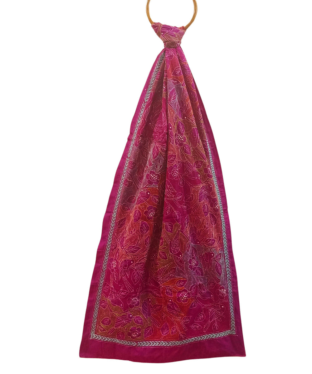 Magenta multicolor thread handwoven silk kantha stitch stole