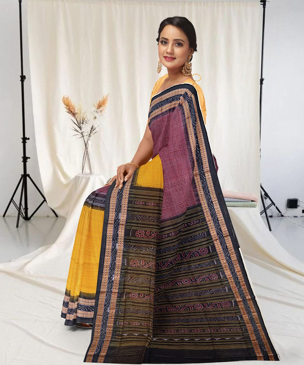 Maroon yellow cotton handwoven sambalpuri saree