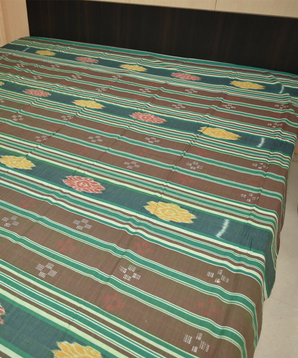Dark brown green traditional ikat handmade sambalpuri cotton bedsheet