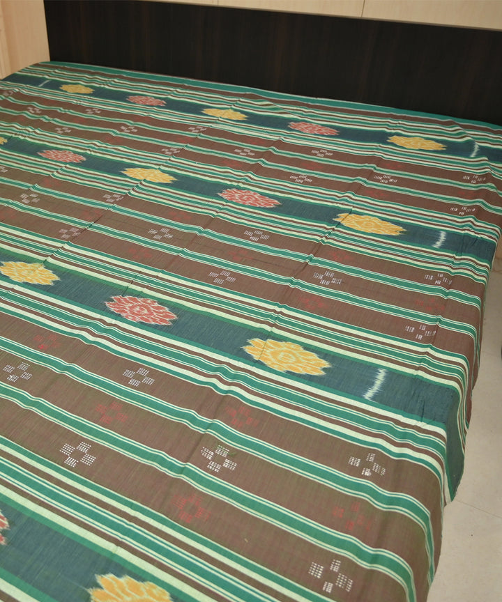 Dark brown green traditional ikat handmade sambalpuri cotton bedsheet