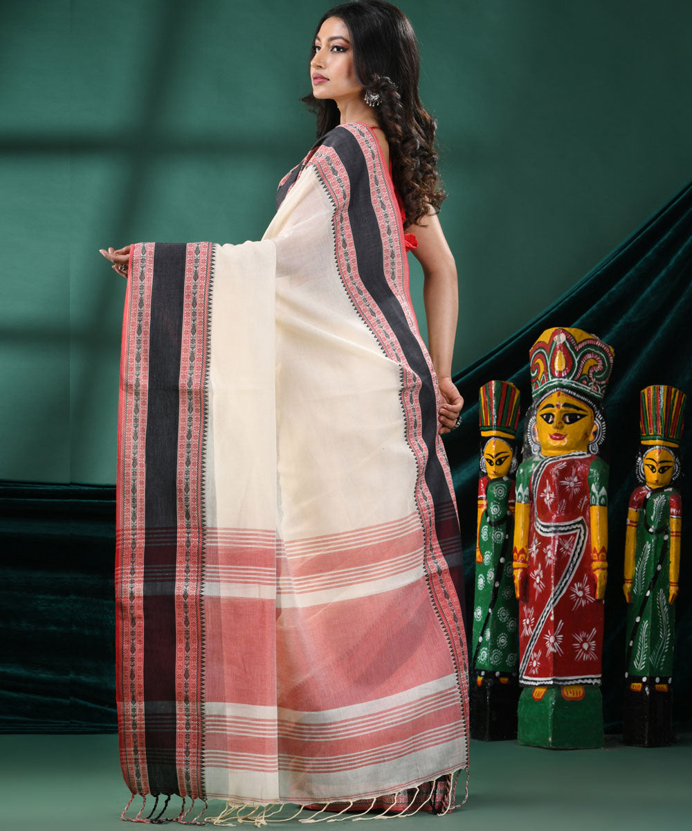 Offwhite black handloom cotton bengal saree