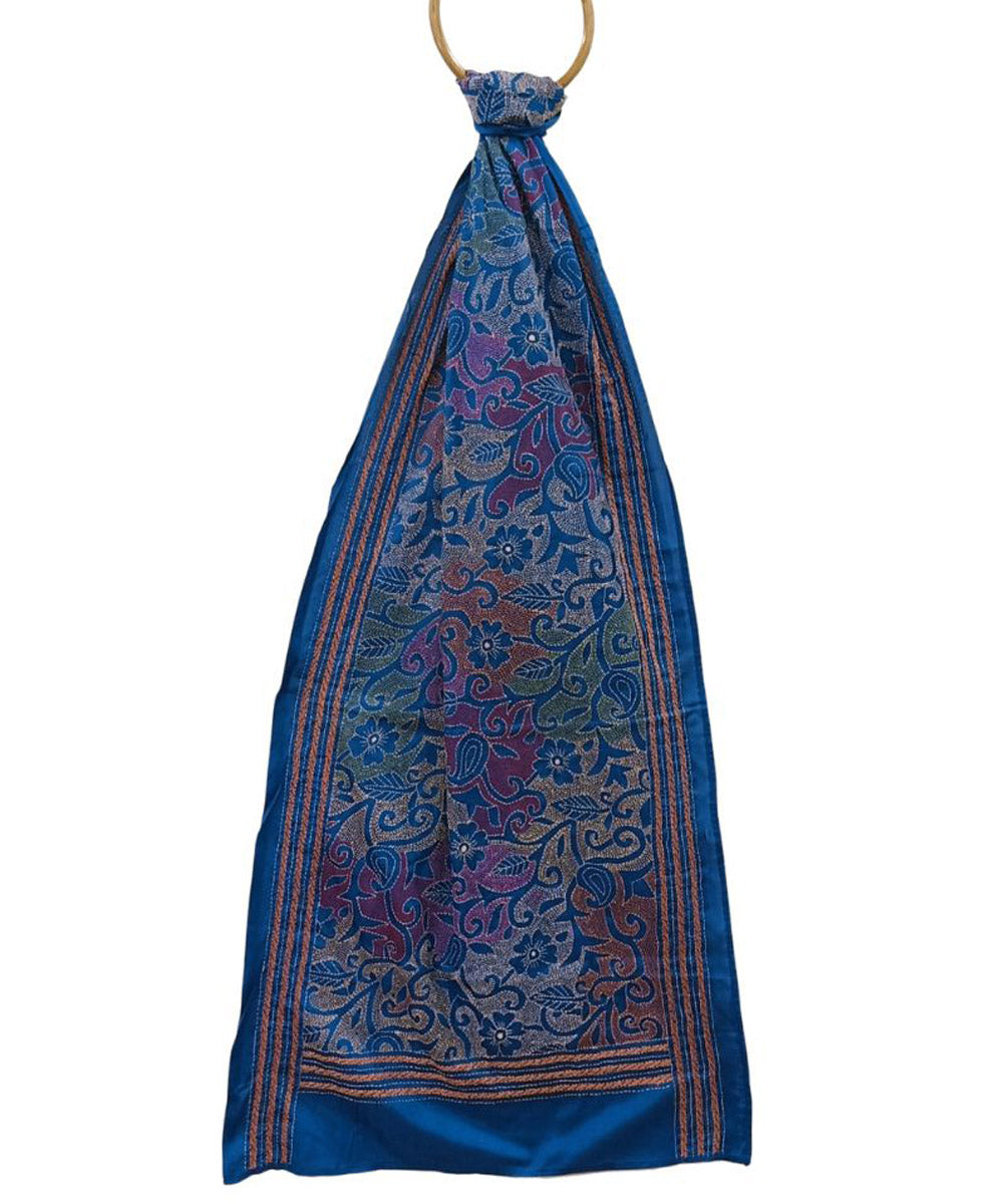 Blue hand embroidered silk kantha stitch stole