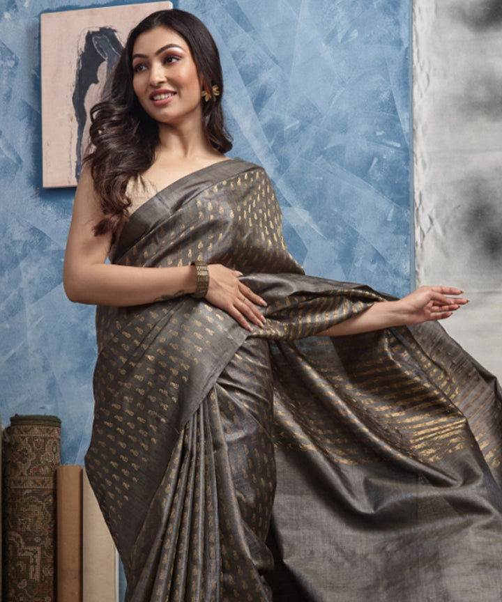 Grey brown handwoven chhatisgarh tussar silk saree